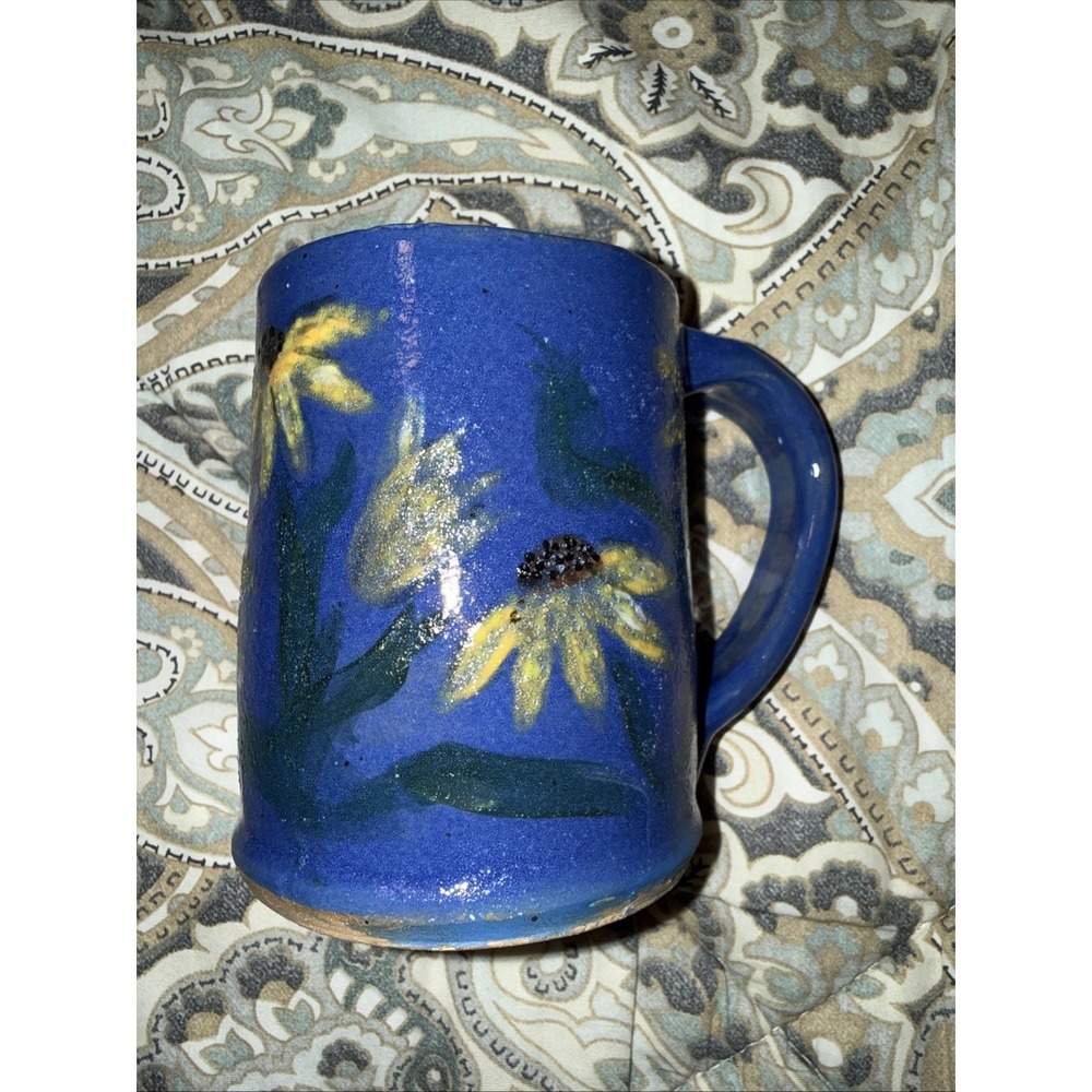 Handcrafted Pottery Mug Signed Hand Painted Black Eyed Susan , Glazed Interior